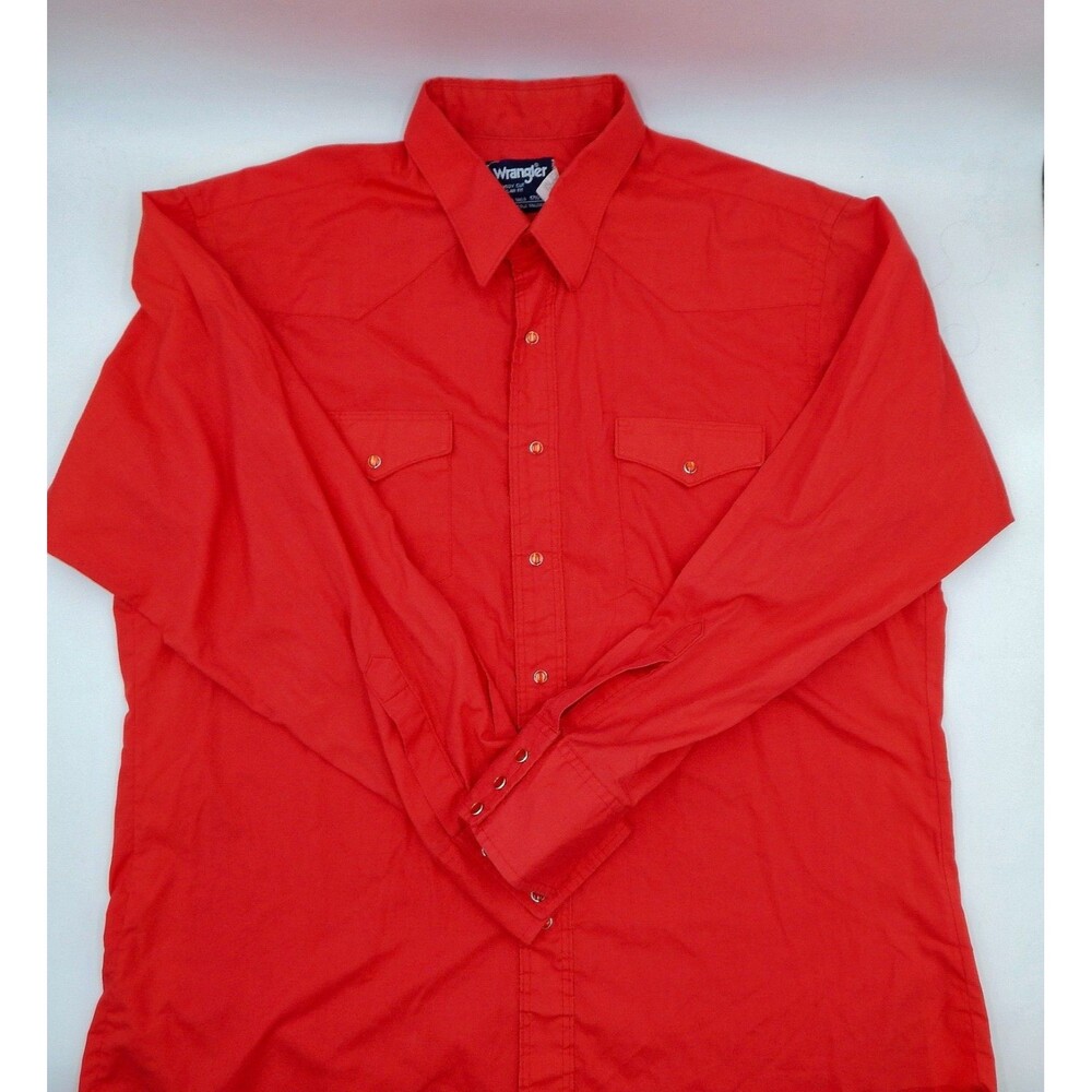 Wrangler Pearl Snap Button Red Shirt Cowboy Cut 1980s Regular Fit XLong Tails